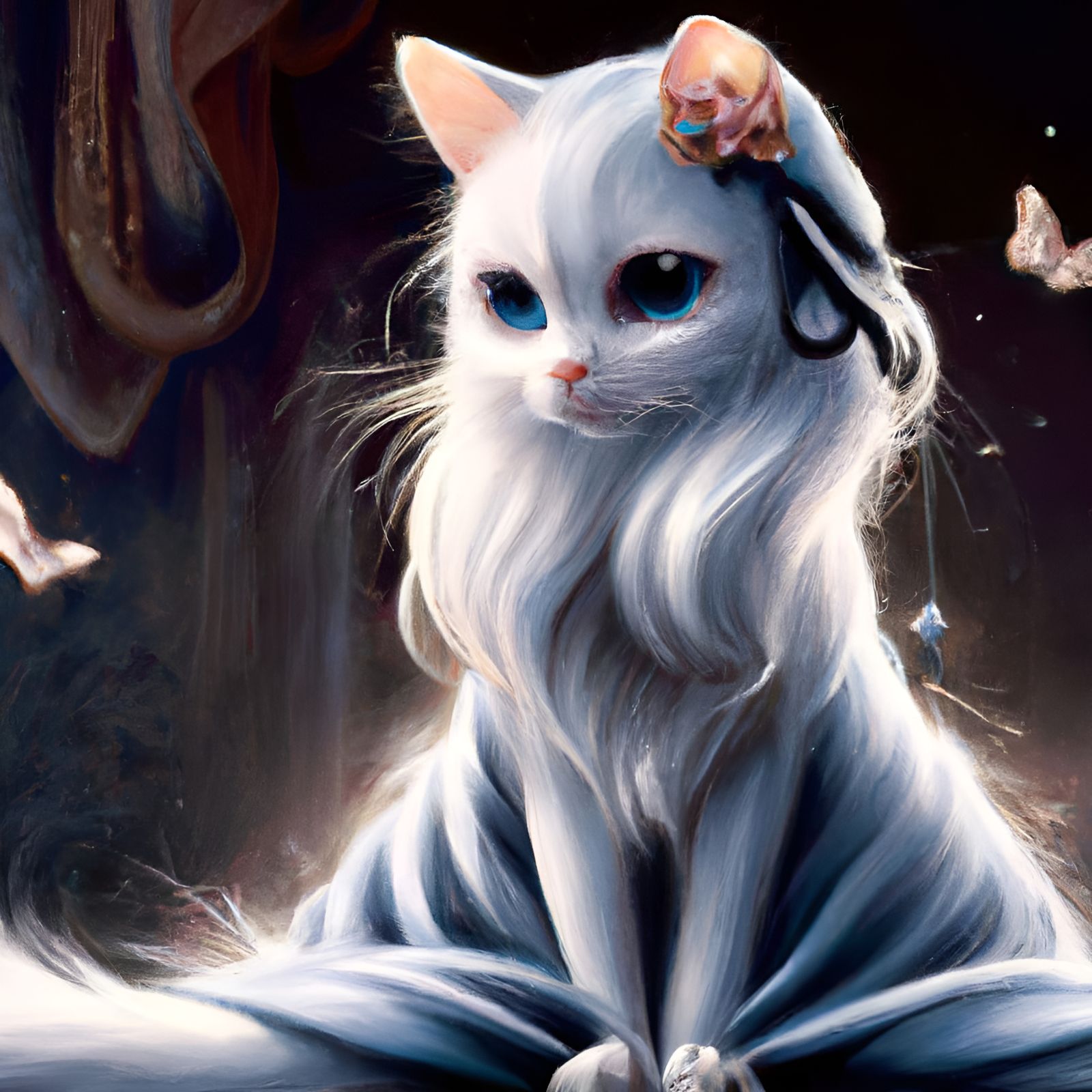 Adorable Cat in Rococo Style Under Moonlight