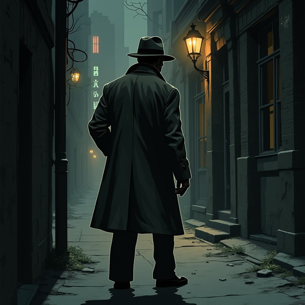Film Noir Detective in Smoky Alleyway Illustration