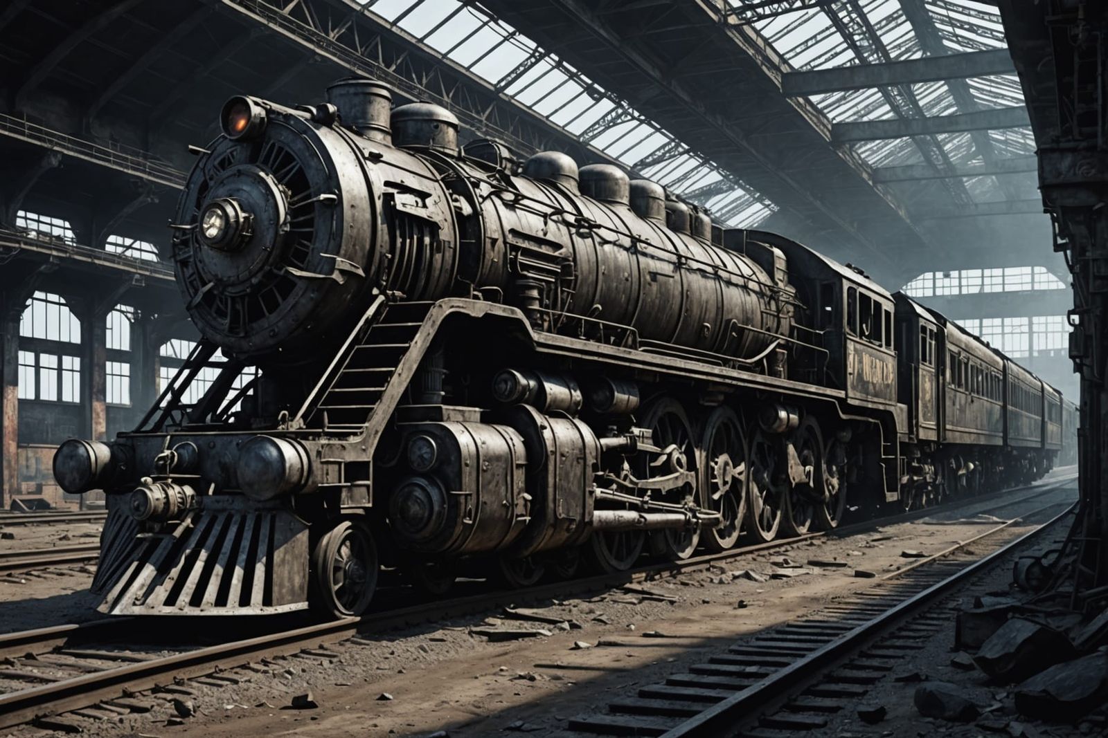 Gothic Locomotive in Industrial Wasteland: Hyperrealistic Ar...