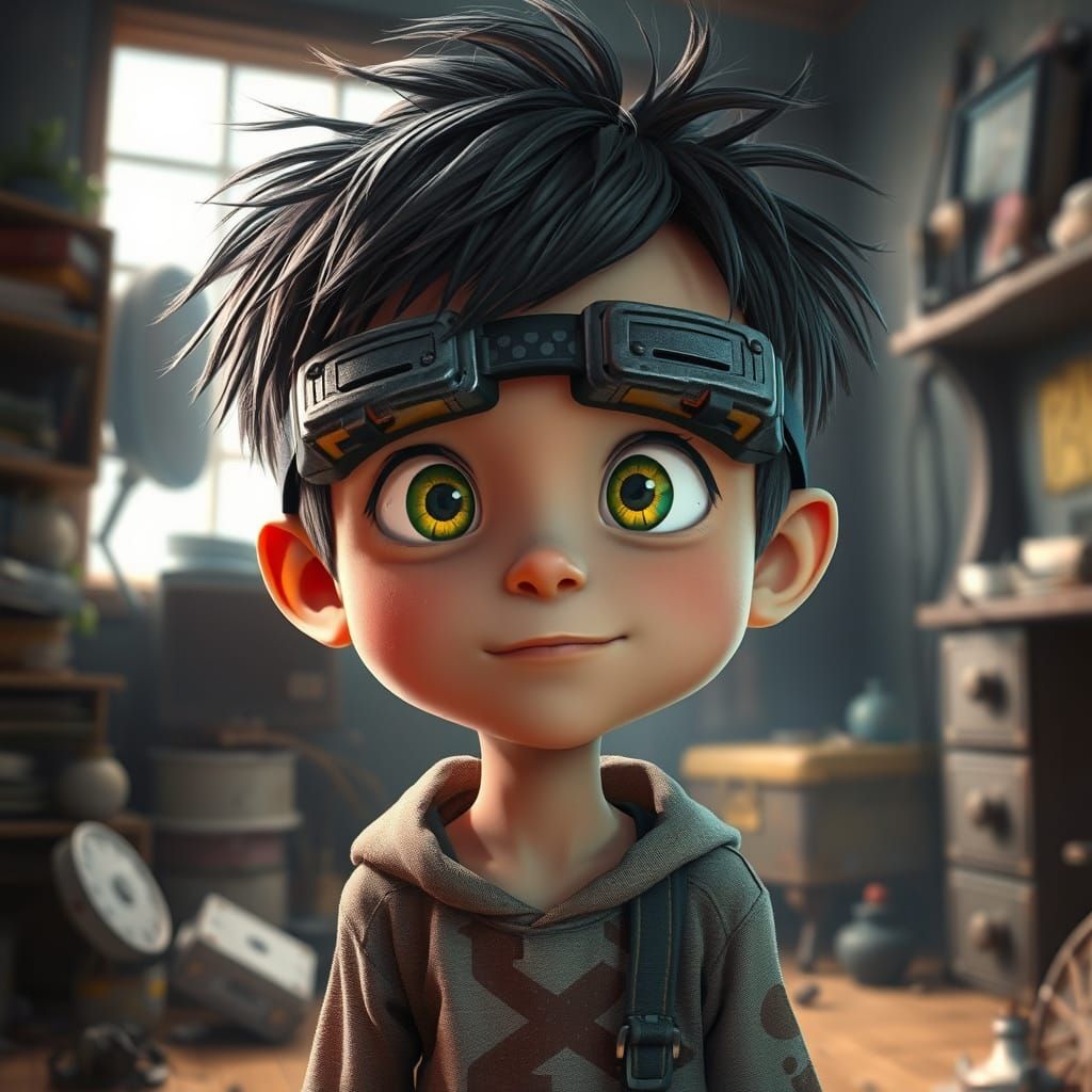 Whimsical Post-Apocalyptic Kid in Goggles Amidst Junky Apart...