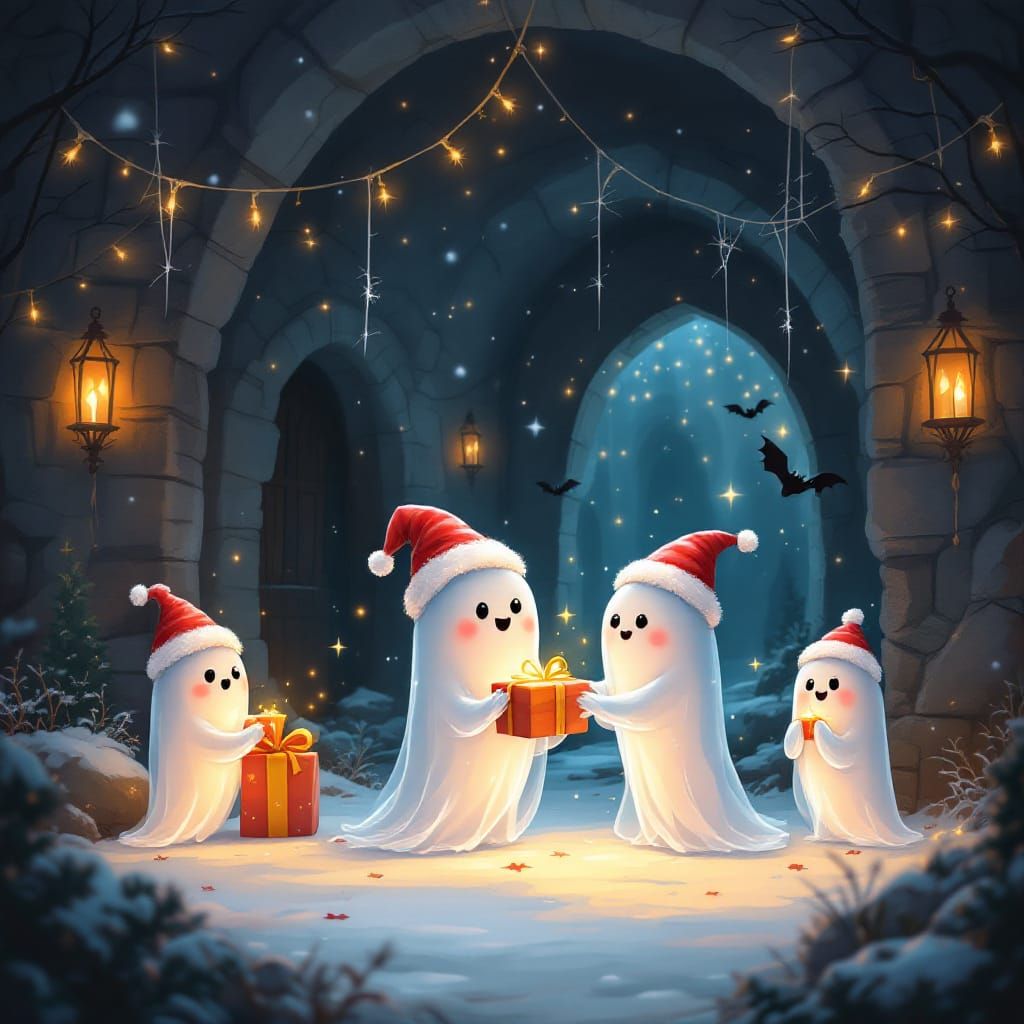 Ghosts Exchanging Gifts in a Cozy Crypt