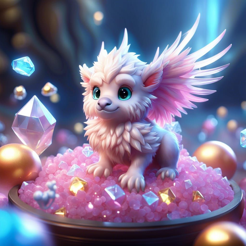 Crystallized Griffin Surrounded by Luminous Crystal Sparkles