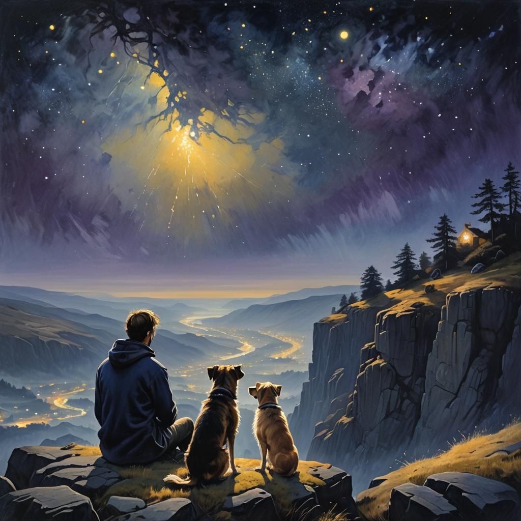 Man and Dog in Ethereal Nocturnal Landscape with Cliff
