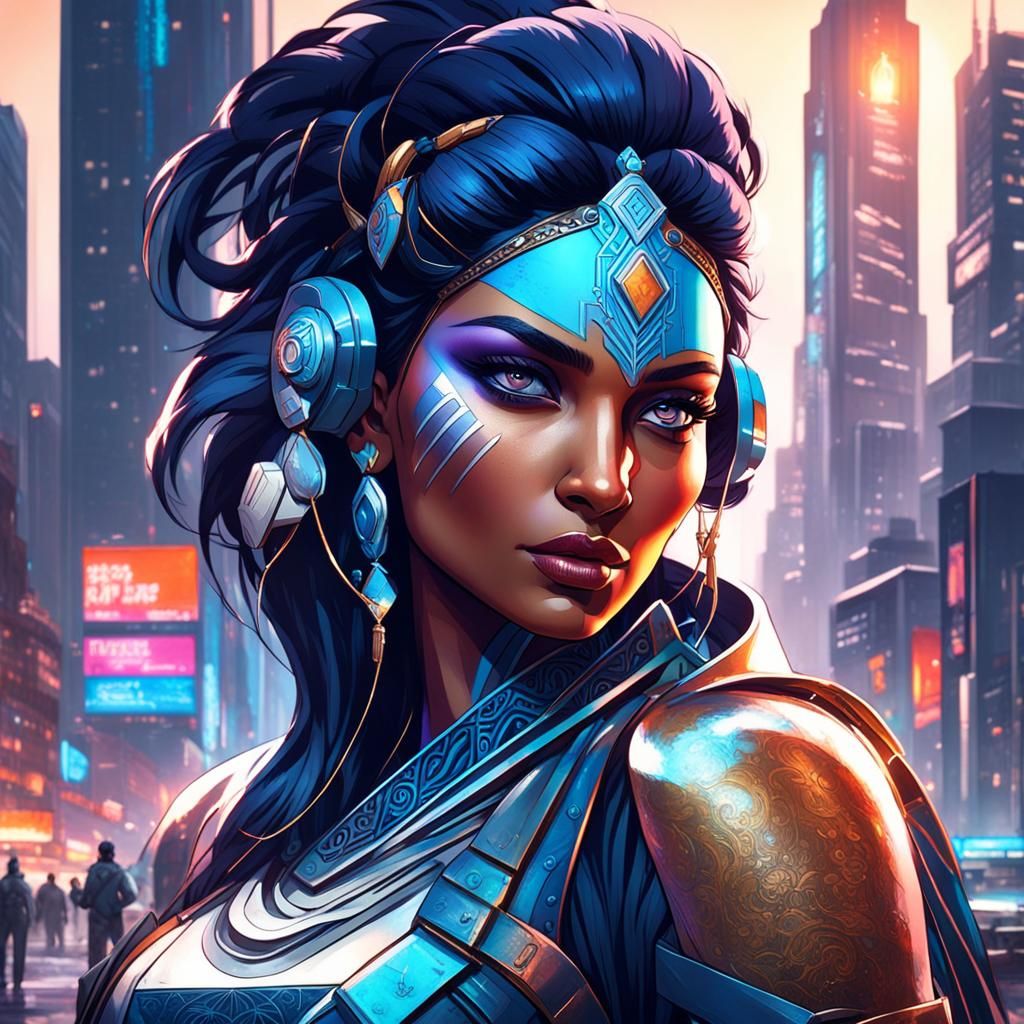 Indian Femme Fatale in Dystopian Cityscape, Hyperrealistic A...