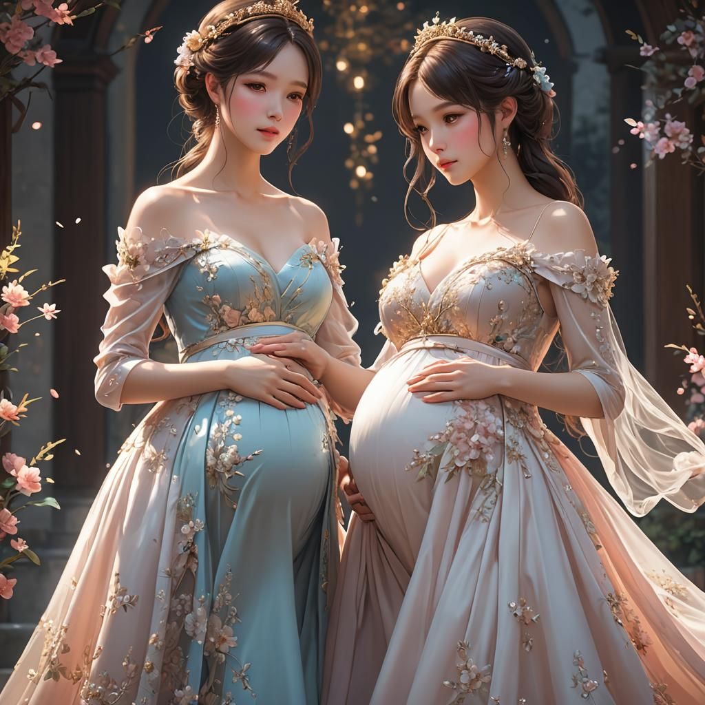 Elegant Pregnant Women in Anime Style