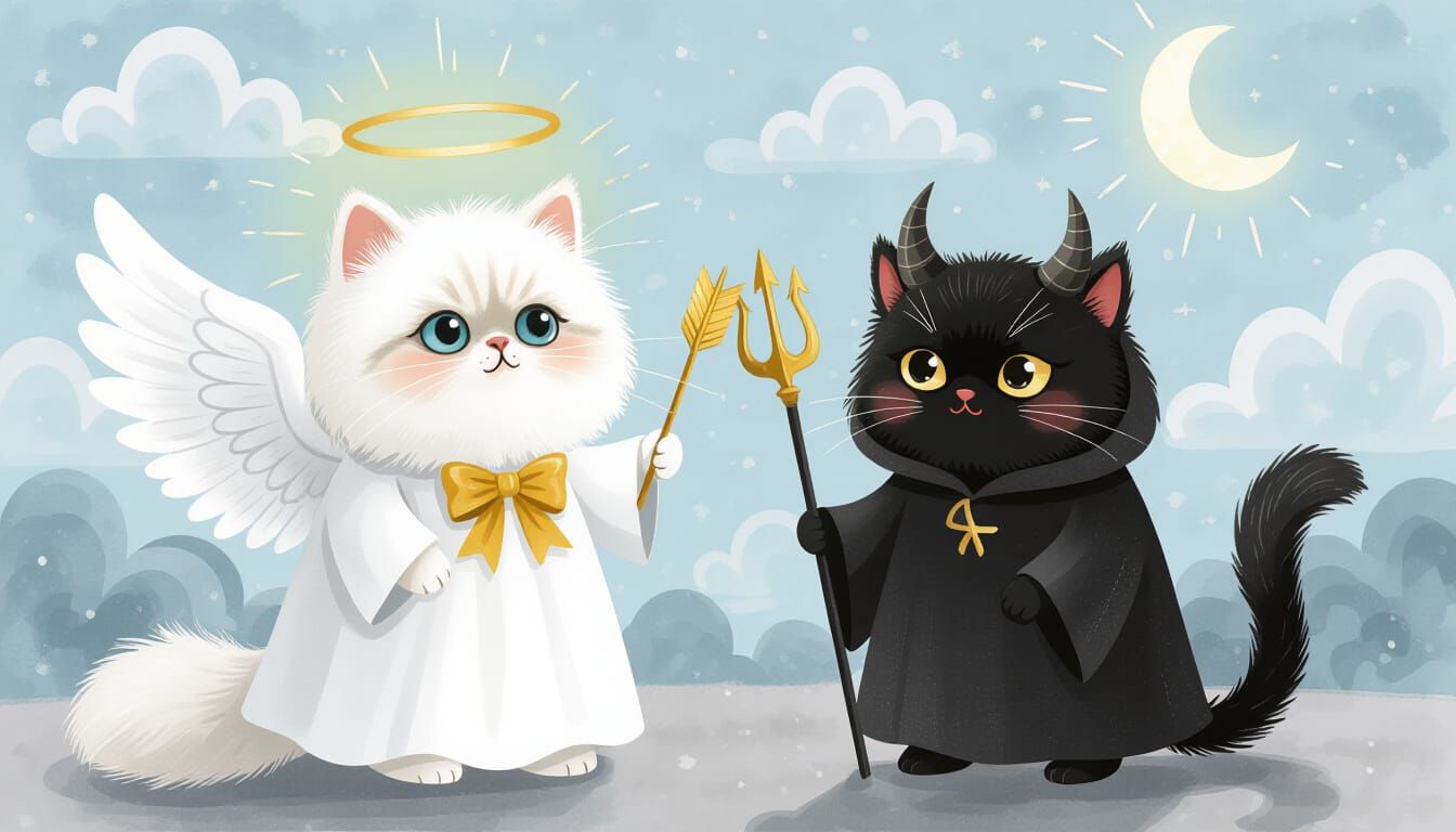 Angelic Persian Cat and Devilish Feline in Watercolour