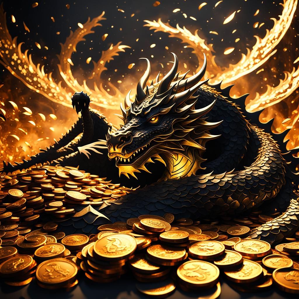 Dragon-Tailed Figure on Mountain of Gold Coins