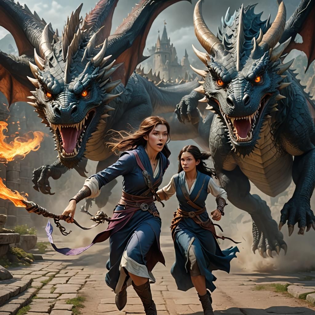 Sorceress Running from Dragon in Hyperrealistic Detail