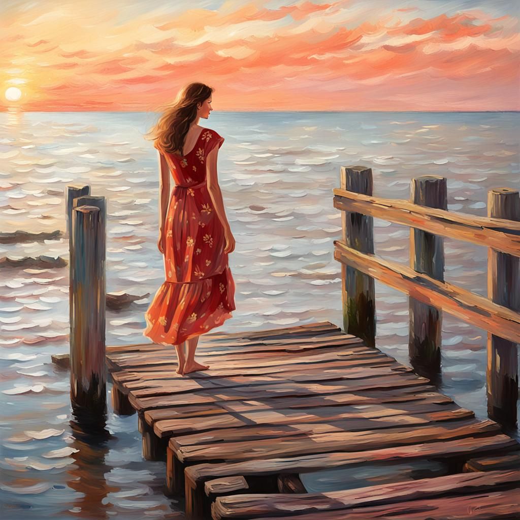 Impressionist Woman in Red Dress at Sunset