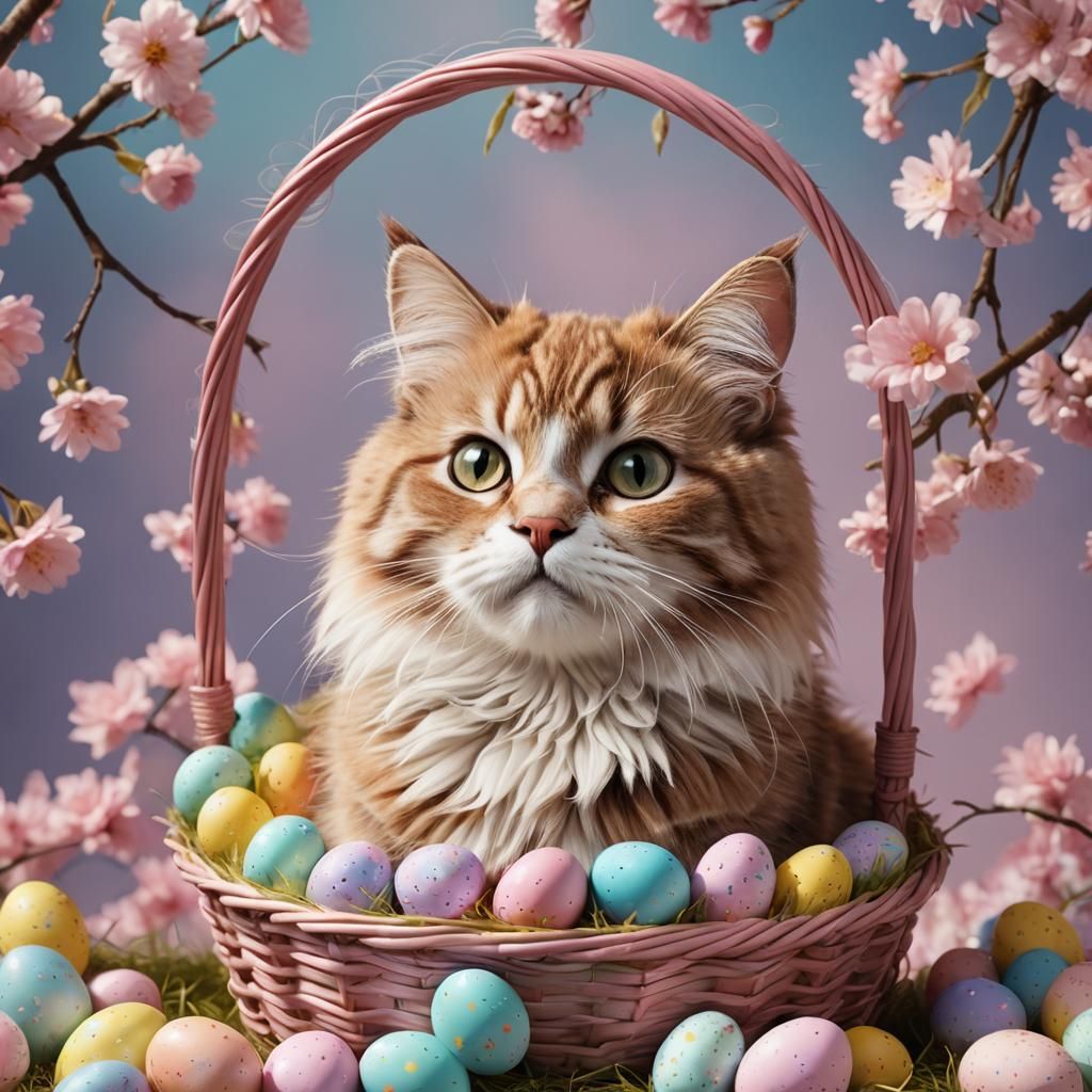 Cute Easter Cat in Basket: Detailed Matte Painting