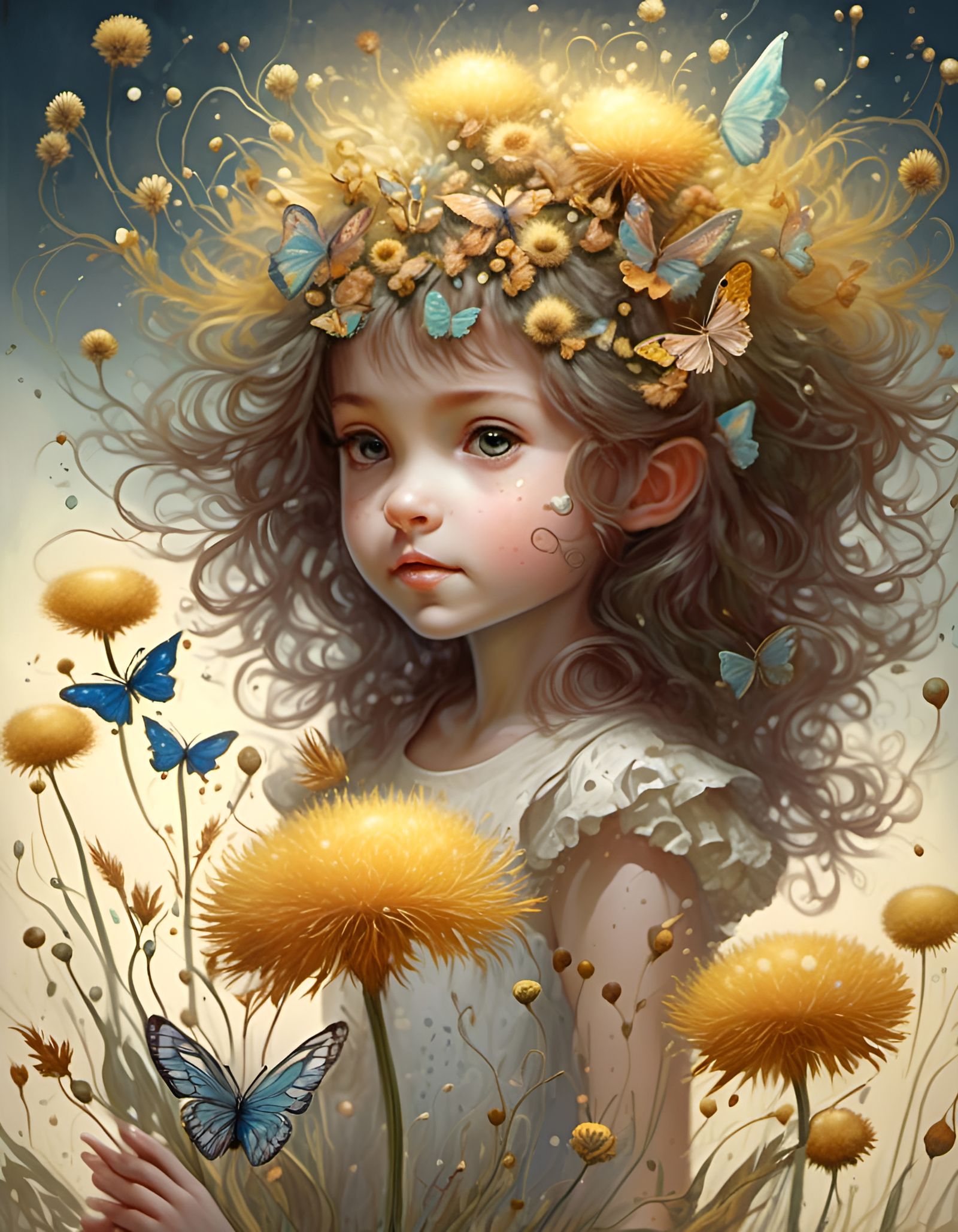 A mischievous pixie with gossamer wings . Her eyes sparkle with playful mischief, and a cheeky grin curls her lips. She ...