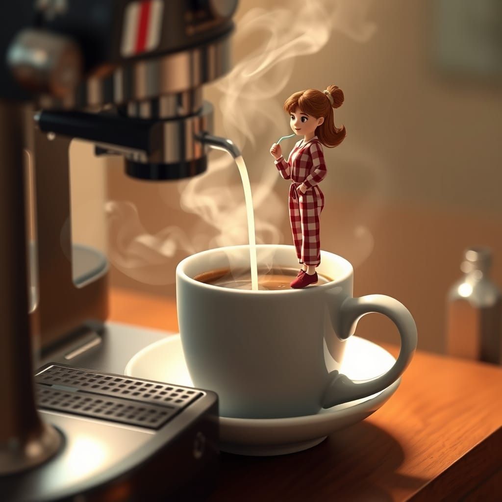 Woman Drinks Espresso in Pixar-Style 3D Illustration