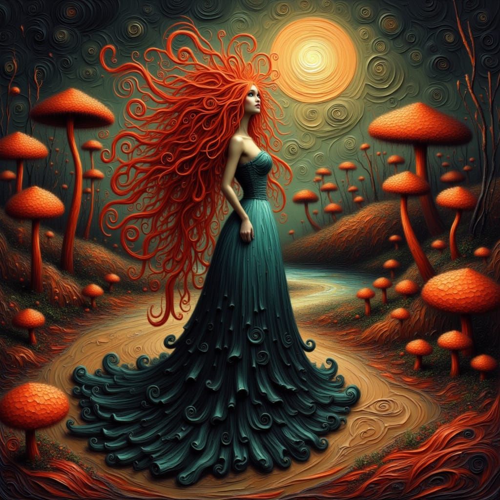 Maiden in Bioluminescent Grotto: Folk Art Nouveau Style