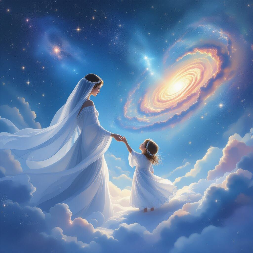 Ethereal Mother and Child in Starry Expanse