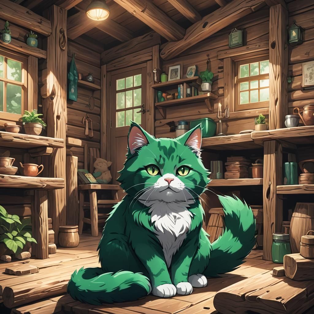 Emerald Green Cat Inside Cozy Log Cabin, Anime Style