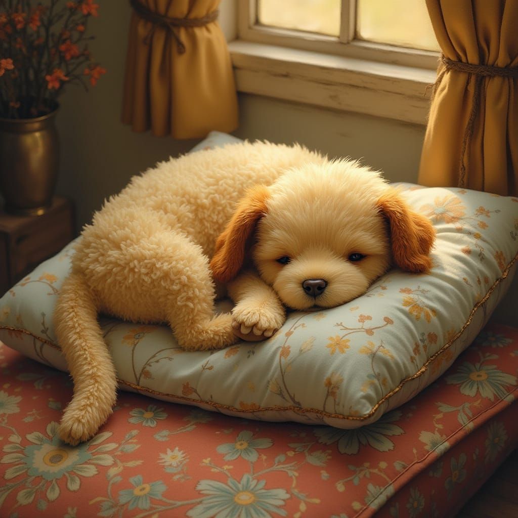 Plush Dog on Pillow in Storybook Illustration Style