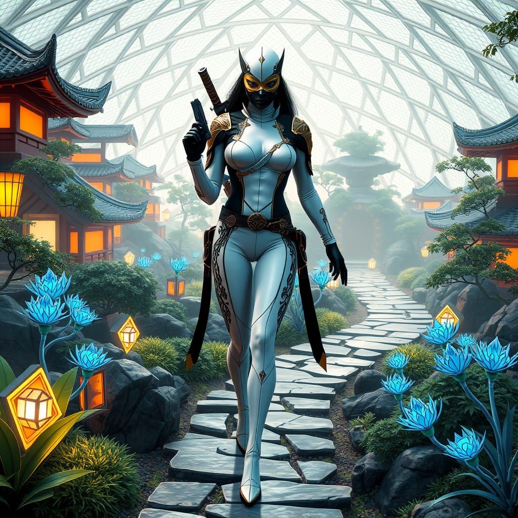 Cyberpunk Courtesan Assassin in Futuristic Japanese Garden