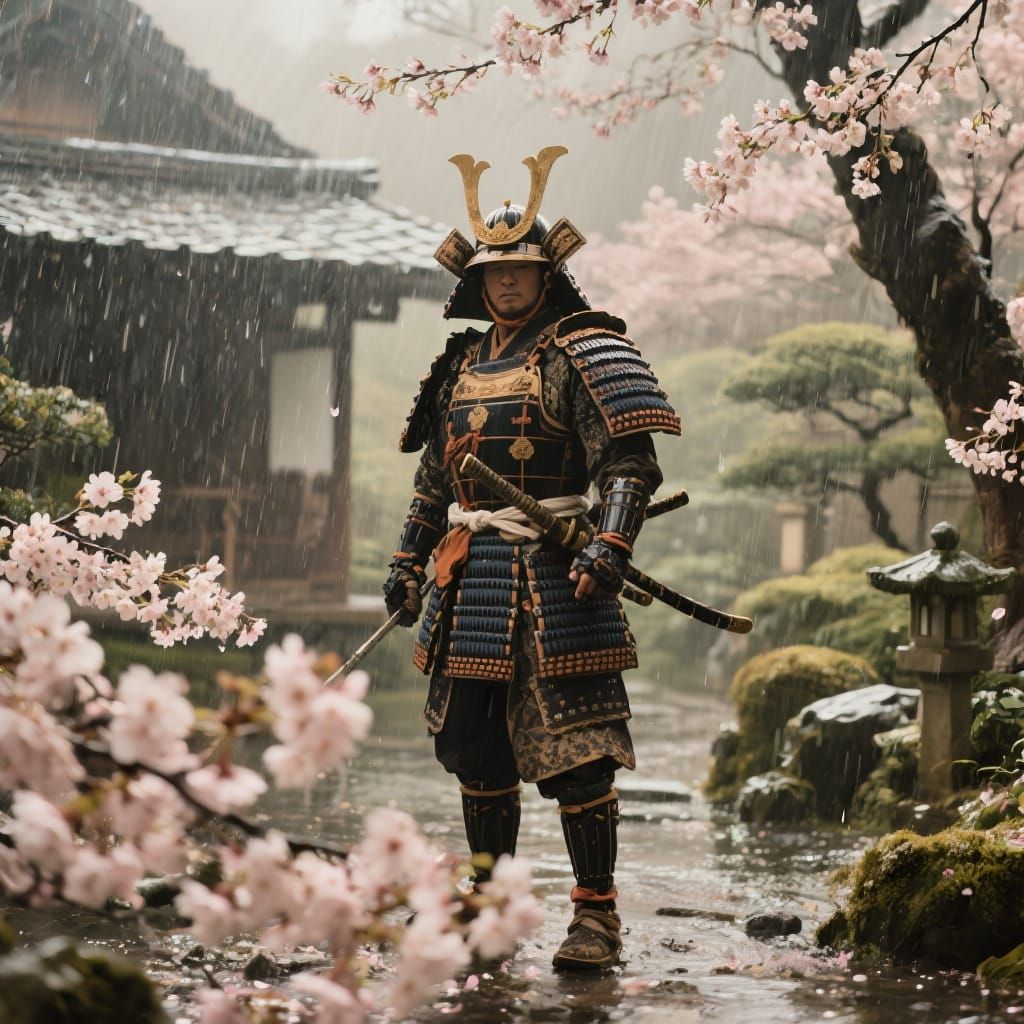 Samurai in Spring Rain, Ukiyo-e Style