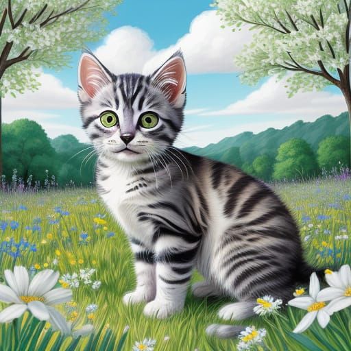 Tabby Kitten Waving in Sunny Wildflower Meadow Illustration