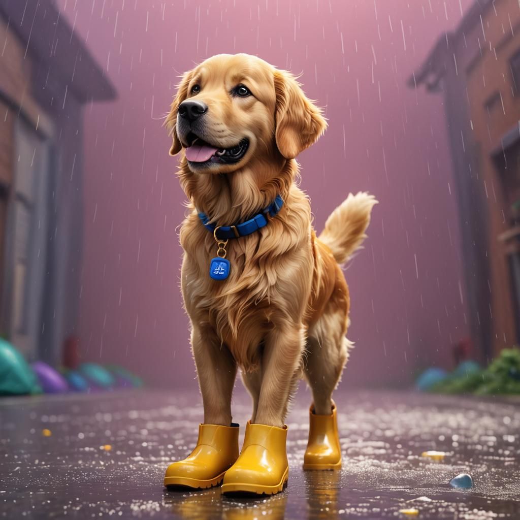 Golden Retriever in Rain Boots: 3D Digital Art