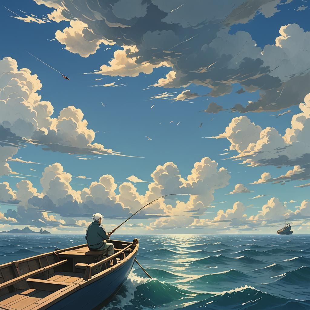 Old Man Fishing: Studio Ghibli Anime Style