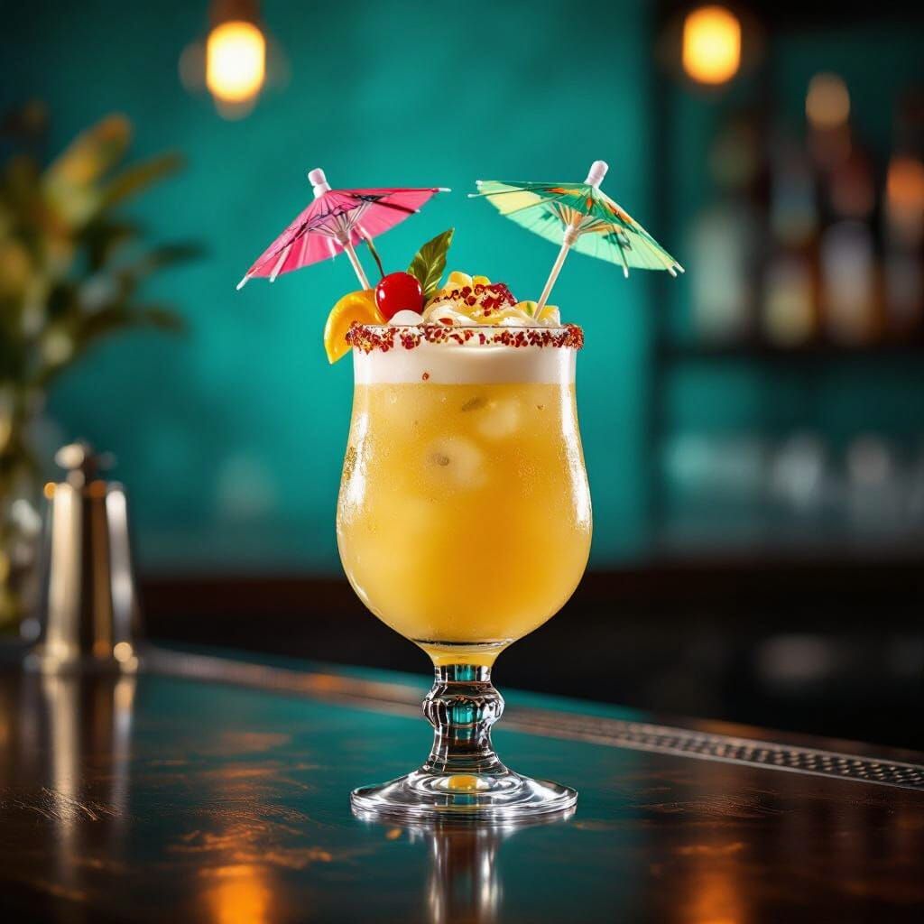 Photorealistic Piña Colada Cocktail on Dark Wood Bar