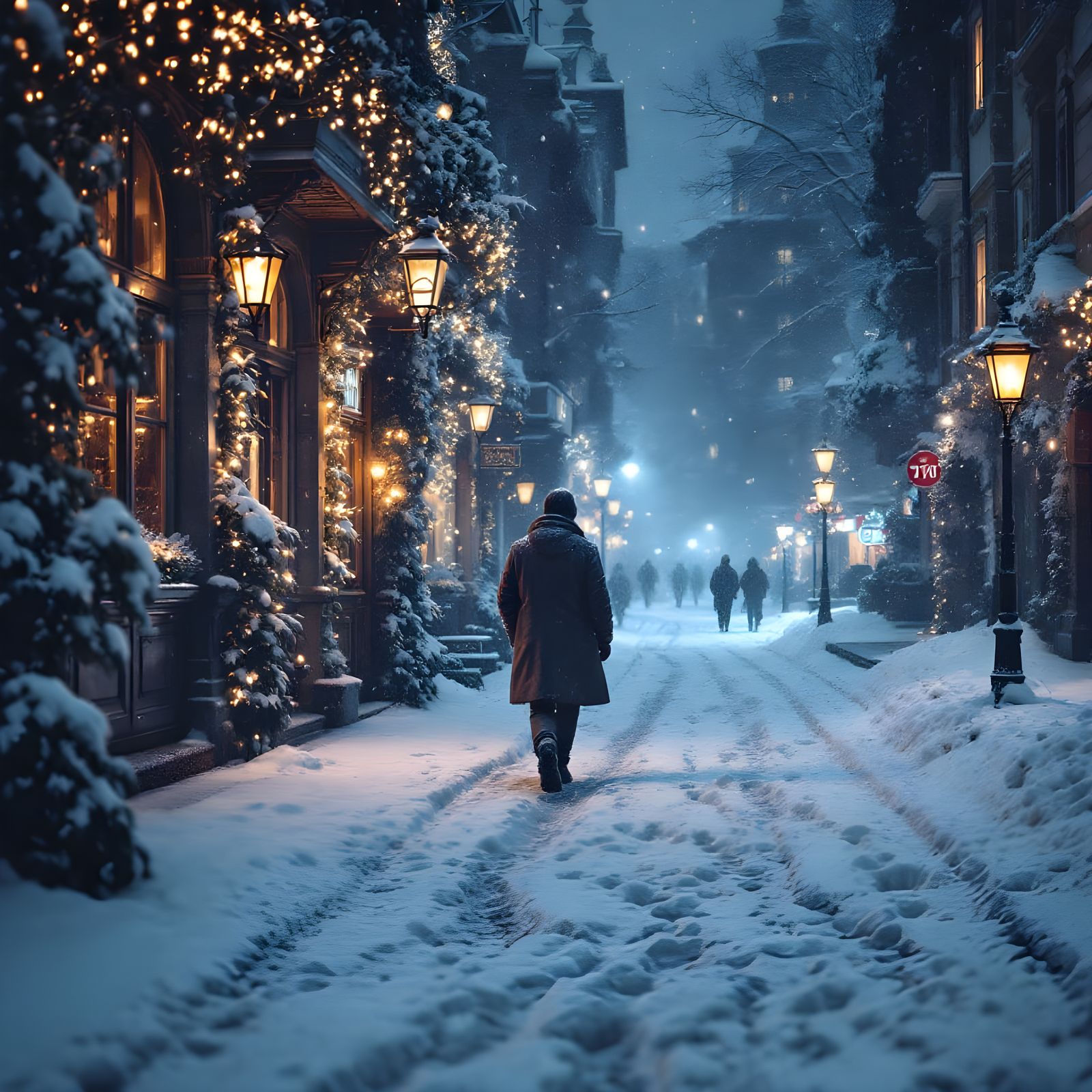 Snowy Karlovy Vary Street Scene at Night