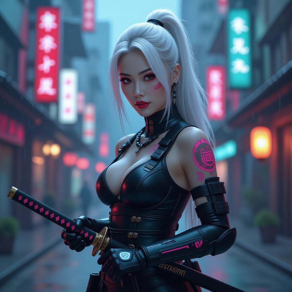 Cyberpunk Samurai: Asian Woman in Neon Cityscape
