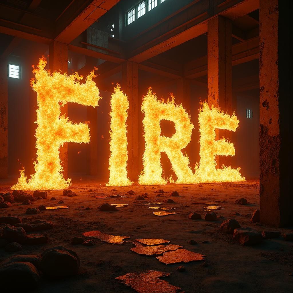 Blazing Fire Letters in Derelict Industrial Building