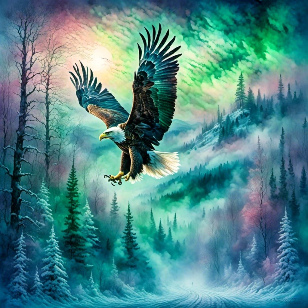American Eagle Flight Over Snowy Forest