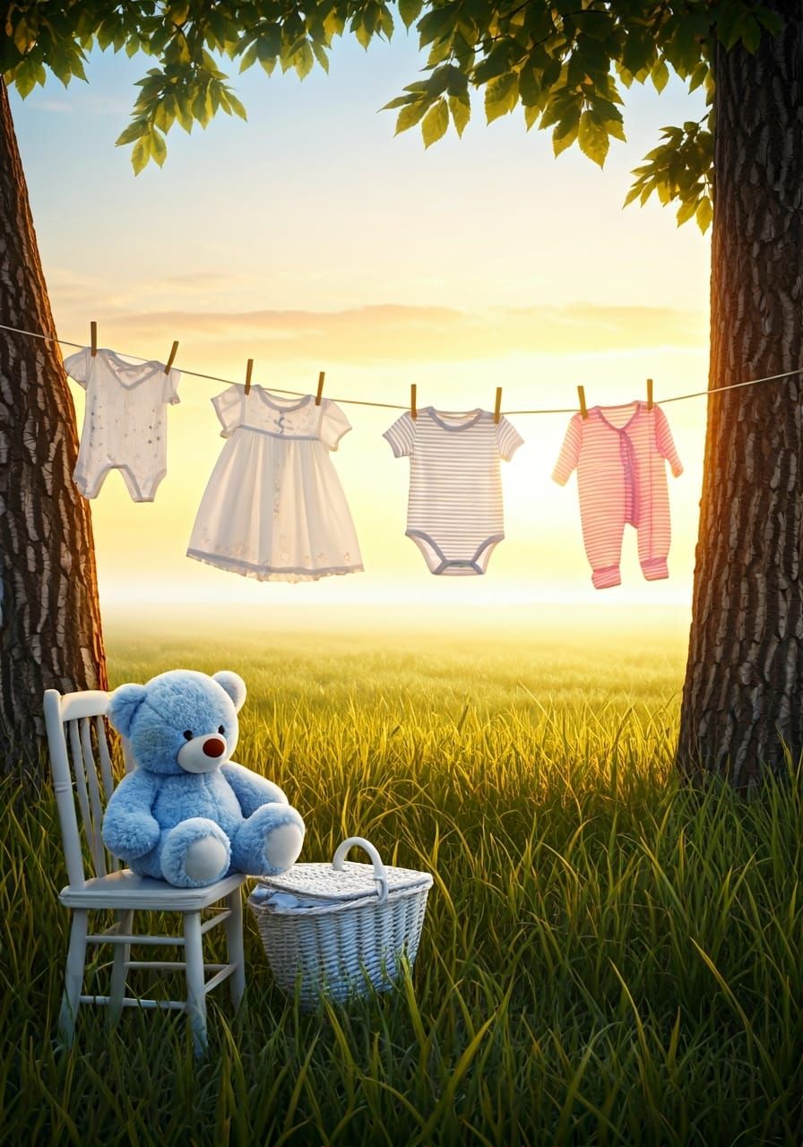 Misty Morning Field with Teddy Bear and Baby Clothes