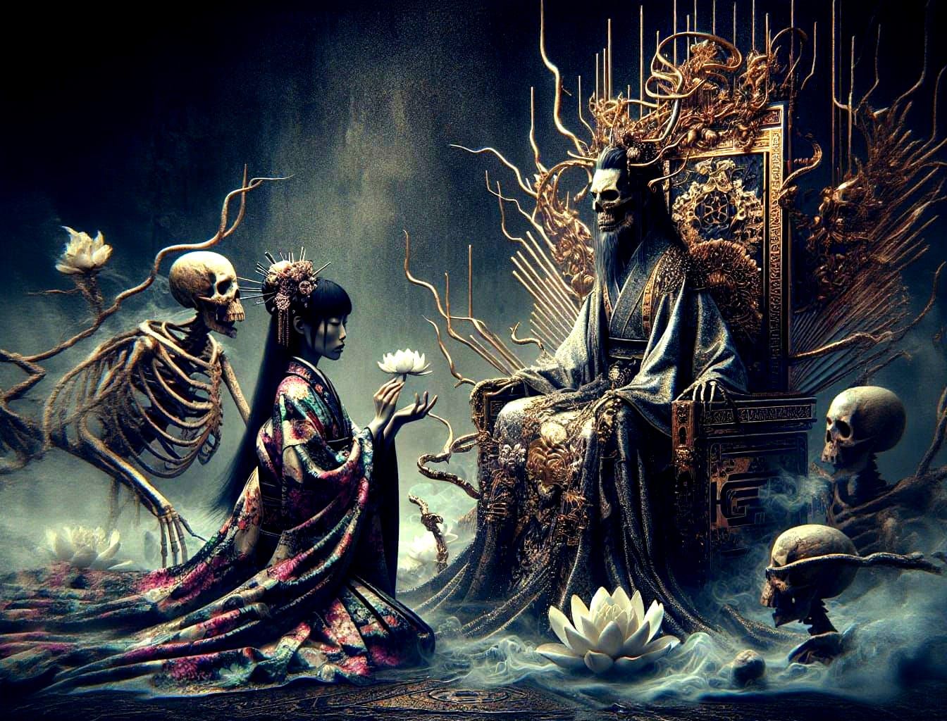 Gothic Japanese Woman Kneeling Before Skeleton King