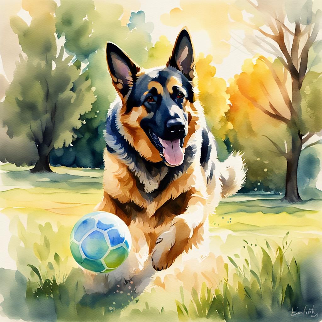 Joyful German Shepherd Portrait in Watercolor Style