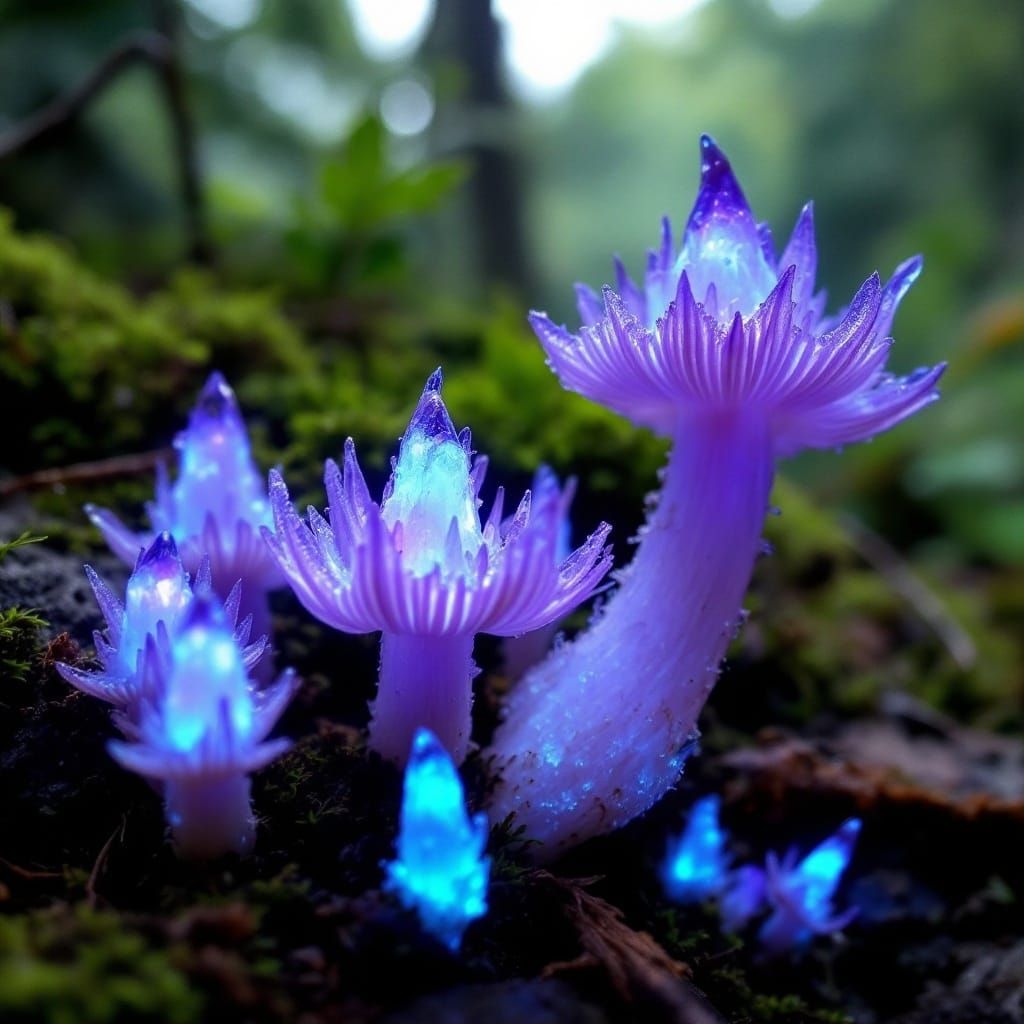 Ethereal Rainforest Mushrooms with Neon Blue and Violet Glow