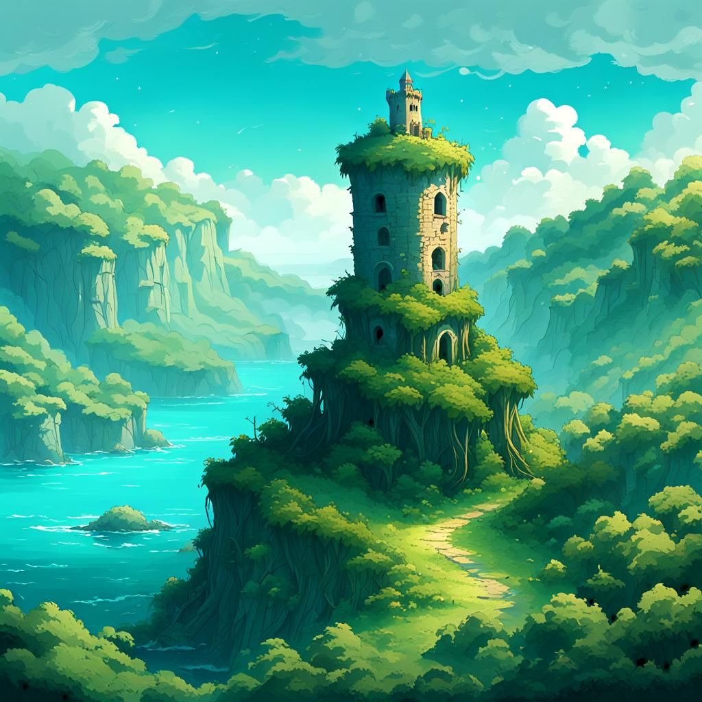 Overgrown Tower on Island in Turquoise Sea