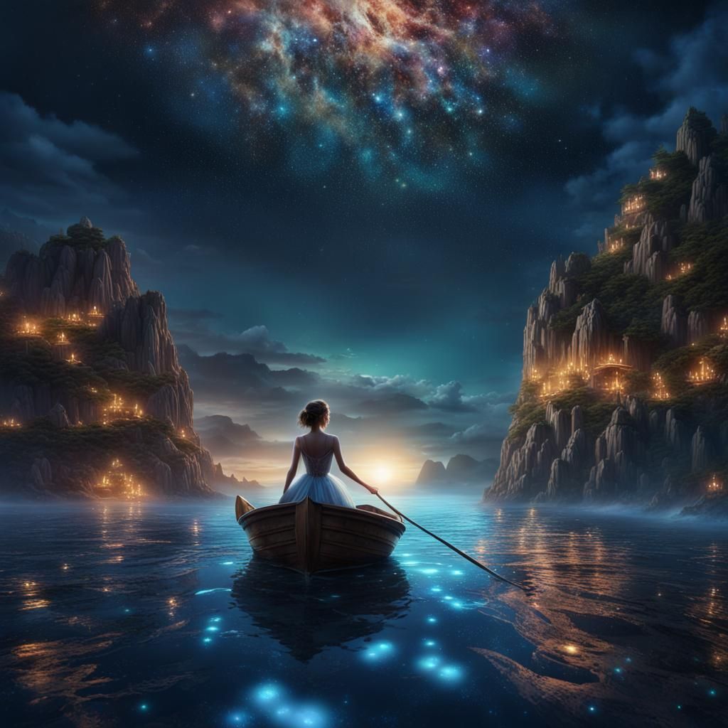 Girl in Boat Under Night Sky: Fantasy Art