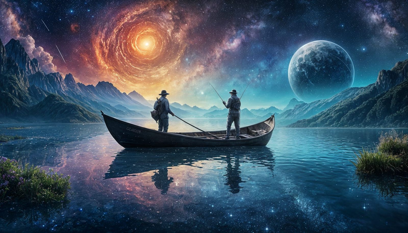 Fisherman Silhouetted Under a Vibrant Galaxy