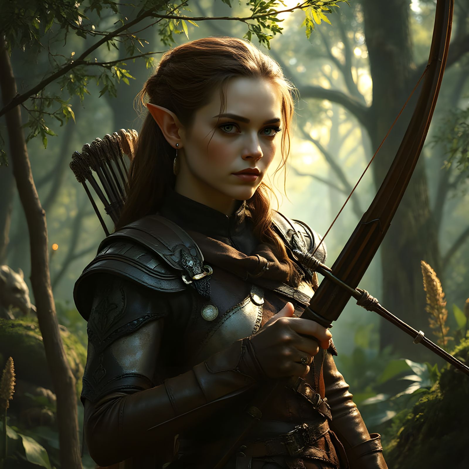 Elven Archer in Ancient Forest: Dark Fantasy Portrait