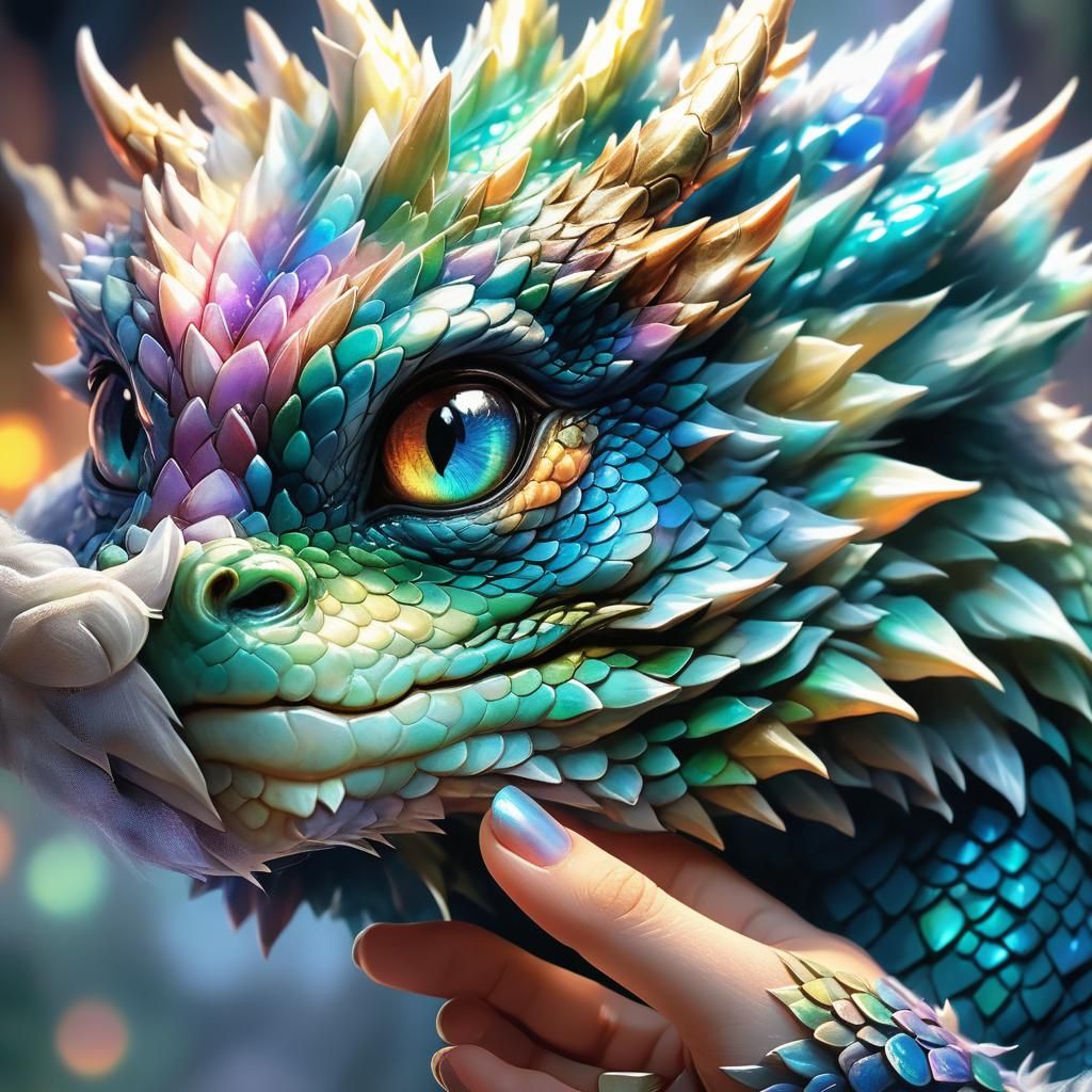 Iridescent Dragon on a Thumb in Hyper-Realistic Style