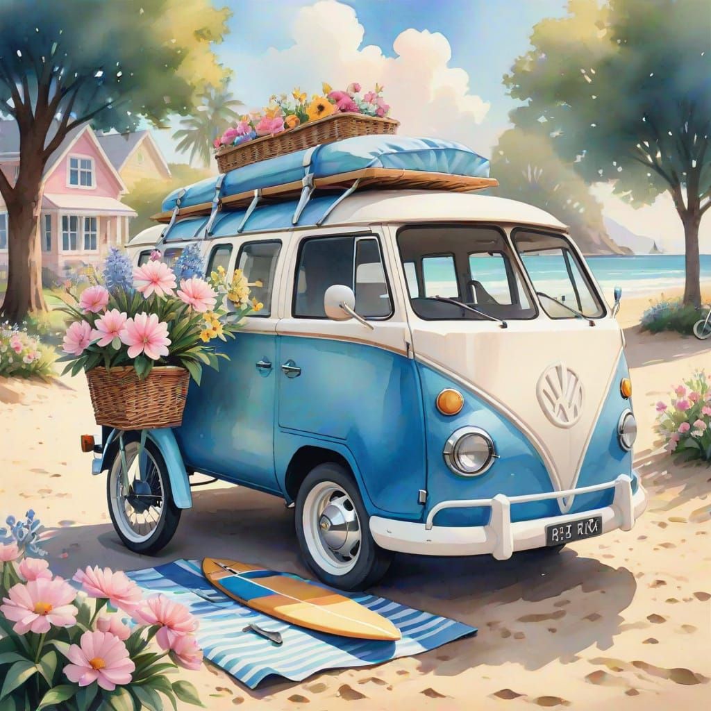 A watercolor realistic detailed illustration of blue van with surfboards on top and beach bag, picnic basket in the back...
