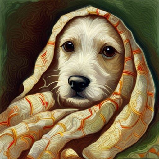 Puppy in Blanket: Post-Impressionistic Romanticism