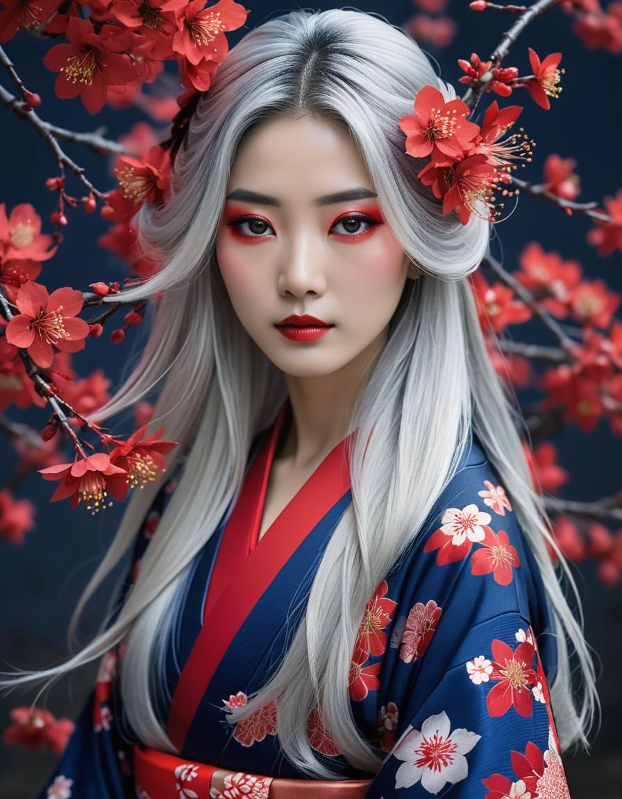 Japanese Woman with Silver Hair and Red Blossoms