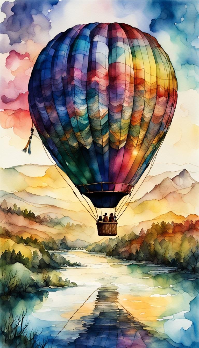 Watercolor Hot Air Balloon Over Magnificent Vista