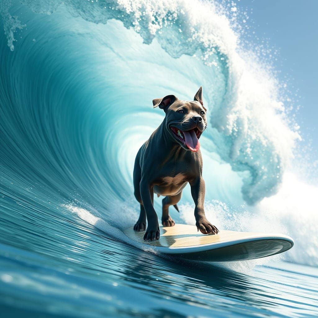 Vibrant Blue Pitbull Rides Giant Ocean Wave in Epic Surf Sce...