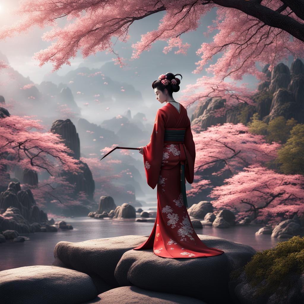 Geisha in Sakura Garden: Detailed Matte Painting