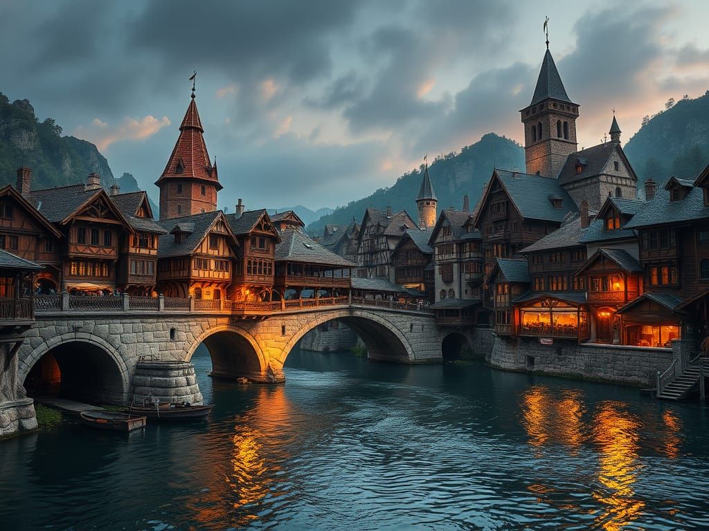 Medieval Cityscape with Ancient Roman Bridge
