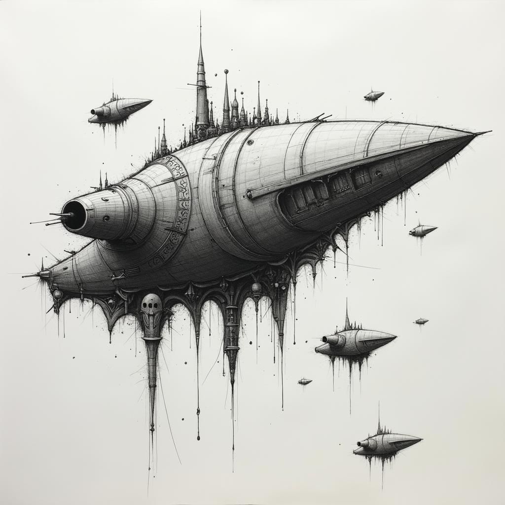 Futuristic Charcoal Drawing of Flying Objects and Memes