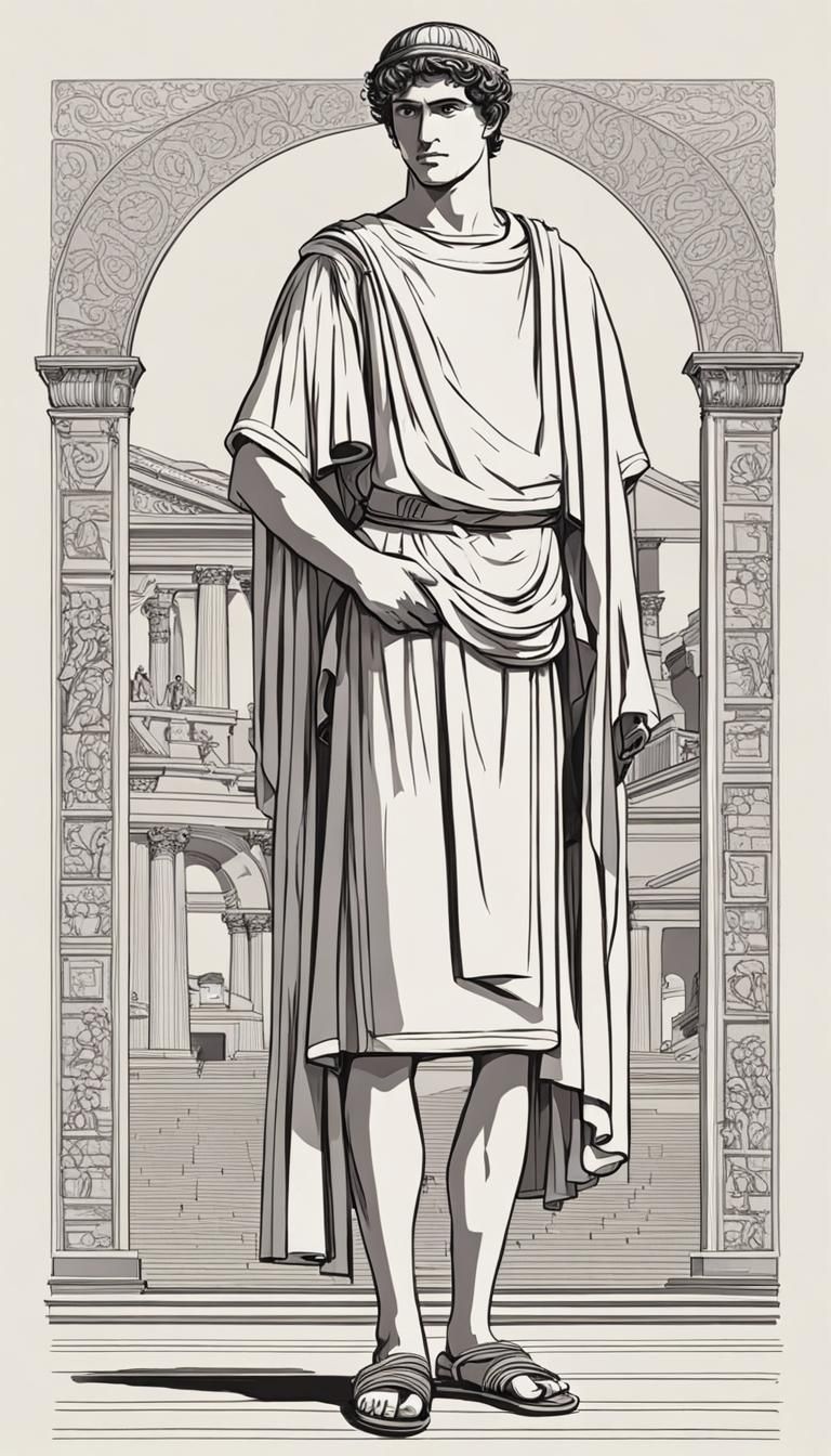 simple full-body line drawing a young roman man in a (mini-tunic:2.0) and sandals
