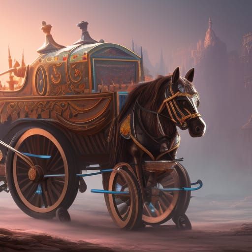 Robotic Horse and Cart in Detailed Matte Painting