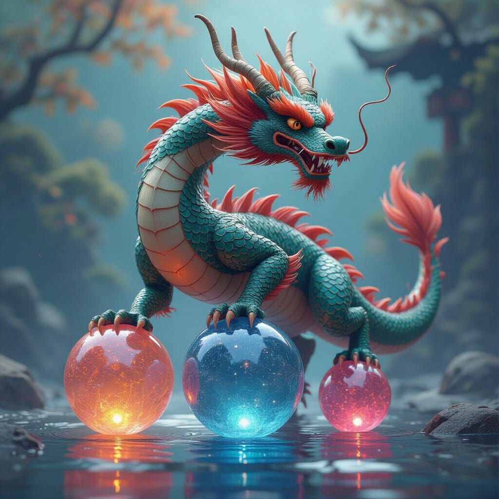 Oki-e Dragon Balancing Juggle Balls in Matte Painting Style